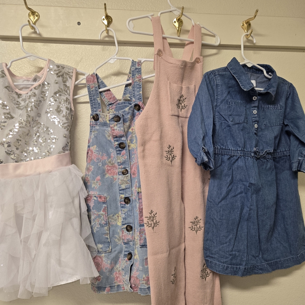 Girls' Dress and Overall Set - White, Blue, Pink